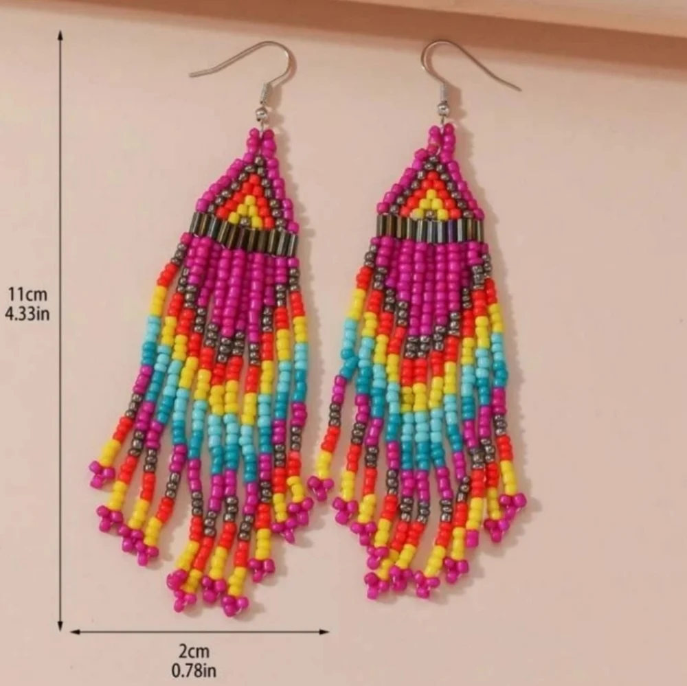 New! Long Beaded Boho Style Tassel Earrings - Picture 4 of 5
